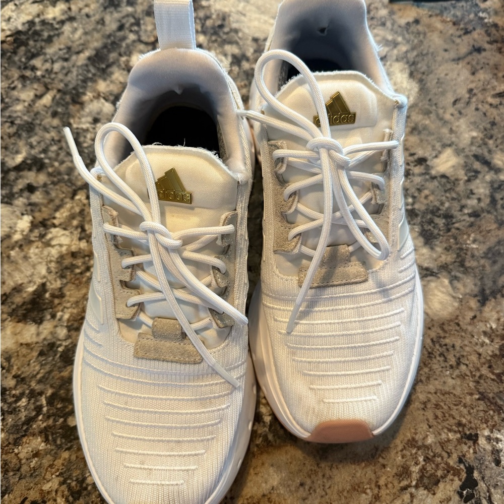 Adidas White Running Shoes with Gold Accents